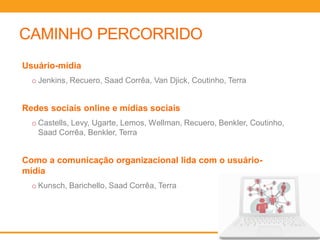CAMINHO PERCORRIDO
Usuário-mídia
  o Jenkins, Recuero, Saad Corrêa, Van Djick, Coutinho, Terra


Redes sociais online e mídias sociais
  o Castells, Levy, Ugarte, Lemos, Wellman, Recuero, Benkler, Coutinho,
    Saad Corrêa, Benkler, Terra


Como a comunicação organizacional lida com o usuário-
mídia
  o Kunsch, Barichello, Saad Corrêa, Terra
 