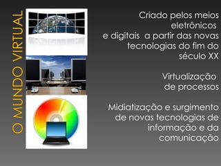 Criado pelos meios eletrônicos  e digitais  a partir das novas tecnologias do fim do século XX Virtualização  de processos Midiatização e surgimento de novas tecnologias de informação e da comunicação   