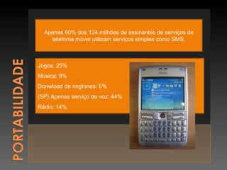 Apenas 60% dos 124 milhões de assinantes de serviços de telefonia móvel utilizam serviços simples como SMS. Jogos: 25% Música: 9% Donwload de ringtones: 6% (SP) Apenas serviço de voz: 44% Rádio: 14% 