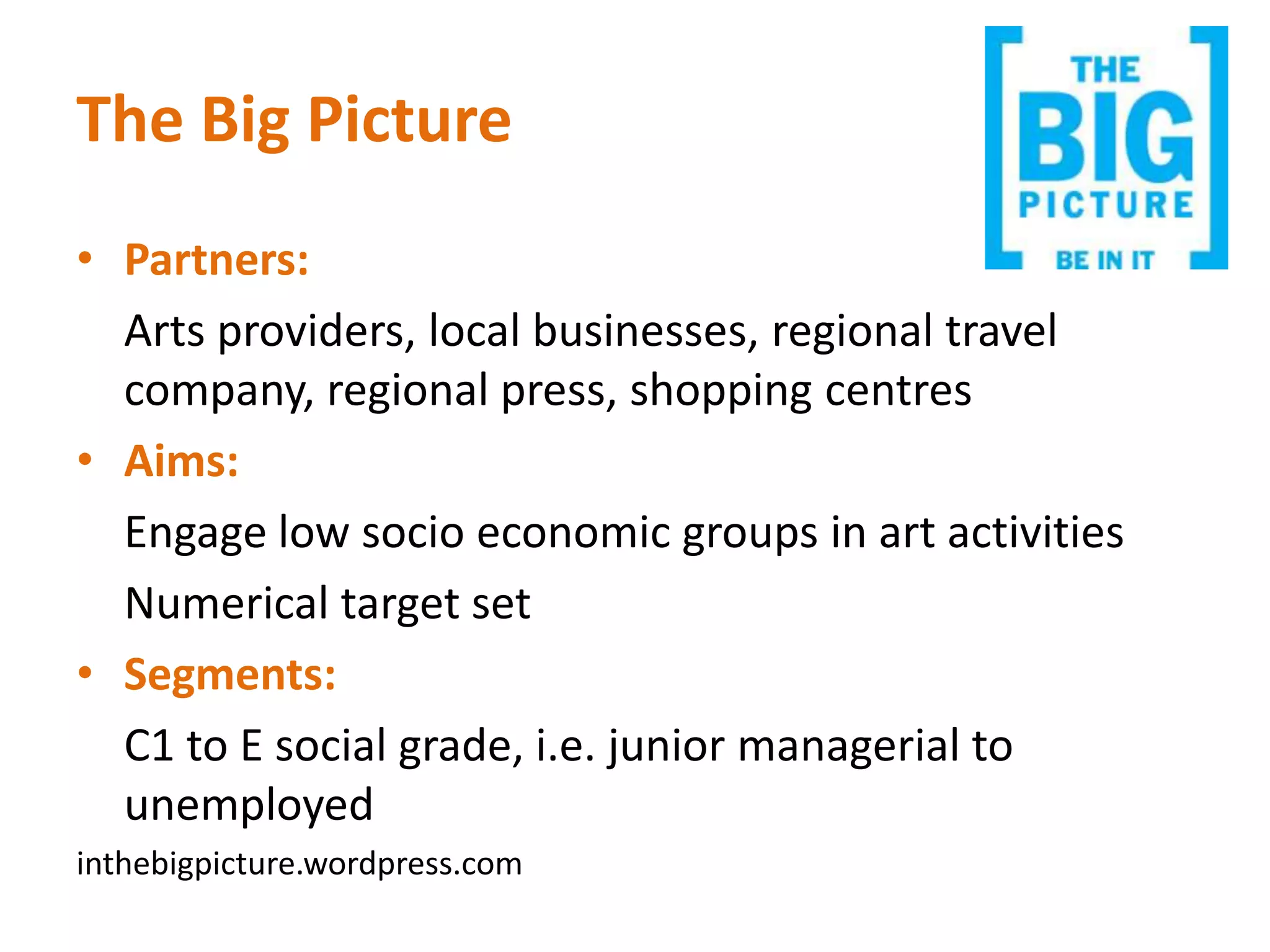 Arts Nation West Midlands: FeaturesLocalised in natureLocal knowledge of partners used through out the programmeCapacity development of organisations involvedNew commissions for target groupsEmphasis of quality rather than quantityKey messages delivered through programmingand marketingSignposting of cultural activities 	in the region 