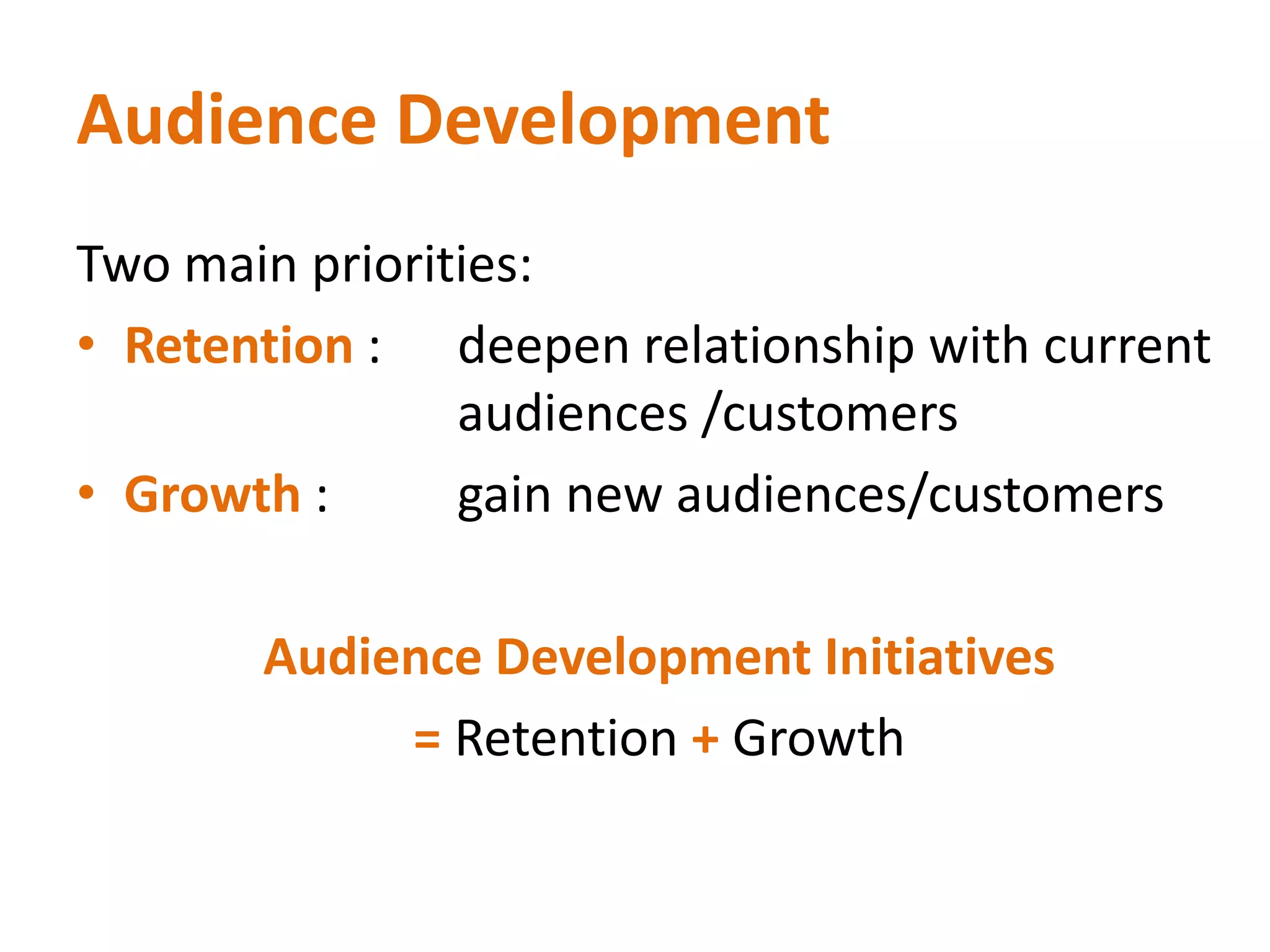 Audience DevelopmentTwo main priorities:Retention : 	deepen relationship with current 			audiences /customers Growth : 	gain new audiences/customersAudience Development Initiatives = Retention + Growth 