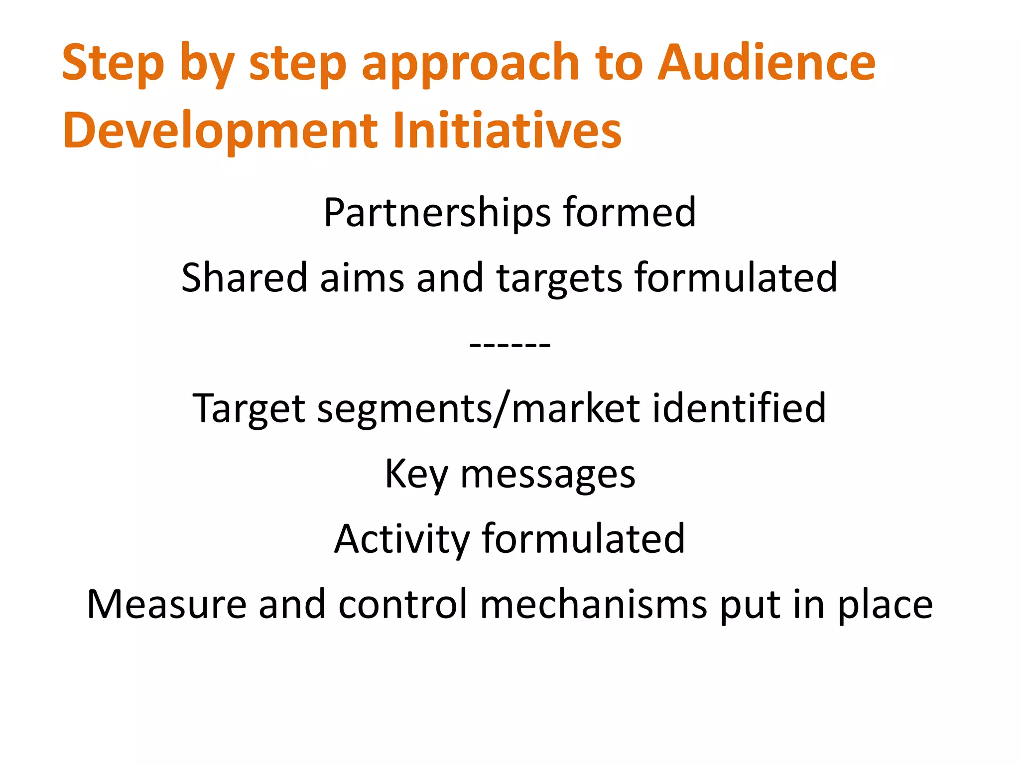 Step by step approach to Audience Development Initiatives Partnerships formedShared aims and targets formulated------Target segments/market identifiedKey messagesActivity formulatedMeasure and control mechanisms put in place