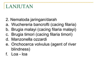 LANJUTAN
2. Nematoda jaringan/darah
a. Wuchereria bancrofti (cacing filaria)
b. Brugia malayi (cacing filaria malayi)
c. Brugia timori (cacing filaria timori)
d. Manzonella ozzardi
e. Onchocerca volvulus (agent of river
blindness)
f. Loa - loa
 