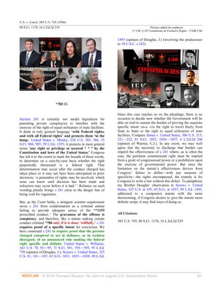 U.S. v. Guest, 383 U.S. 745 (1966)
86 S.Ct. 1170, 16 L.Ed.2d 239 Pictures added for emphasis
17 USC § 107 Limitations on Exclusive Rights – FAIR USE
© 2018 Thomson Reuters. No claim to original U.S. Government Works. 20
*785 III.
Section 241 is certainly not model legislation for
punishing private conspiracies to interfere with the
exercise of the right of equal utilization of state facilities.
It deals in only general language ‘with Federal rights,
and with all Federal rights’ and protects them ‘in the
lump,’ United States v. Mosley, 238 U.S. 383, 386, 35
S.Ct. 904, 905, 59 L.Ed. 1355; it protects in most general
terms ‘any right or privilege so secured * * * by the
Constitution and laws of the United States.’ Congress
has left it to the courts to mark the bounds of those words,
to determine on a case-by-case basis whether the right
purportedly threatened is a federal right. That
determination may occur after the conduct charged has
taken place or it may not have been anticipated in prior
decisions; ‘a penumbra of rights may be involved, which
none can know until decision has been made and
infraction may occur before it is had.’11
Reliance on such
wording plainly brings s 241 close to the danger line of
being void for vagueness.
But, as the Court holds, a stringent scienter requirement
saves s 241 from condemnation as a criminal statute
failing to provide adequate notice of the **1193
proscribed conduct.12
The gravamen of the offense is
conspiracy, and therefore, like a statute making certain
conduct criminal *786 only if it is done ‘willfully,’ s 241
requires proof of a specific intent for conviction. We
have construed s 241 to require proof that the persons
charged conspired to act in defiance, or in reckless
disregard, of an announced rule making the federal
right specific and definite. United States v. Williams,
341 U.S. 70, 93—95, 71 S.Ct. 581, 593—595, 95 L.Ed.
758 (opinion of Douglas, J.); Screws v. United States, 325
U.S. 91, 101—107, 65 S.Ct. 1031, 1035—1038, 89 L.Ed.
1495 (opinion of Douglas, J.) (involving the predecessor
to 18 U.S.C. s 242).
Since this case reaches us on the pleadings, there is no
occasion to decide now whether the Government will be
able on trial to sustain the burden of proving the requisite
specific intent vis-a -vis the right to travel freely from
State to State or the right to equal utilization of state
facilities. Compare James v. United States, 366 U.S. 213,
221—222, 81 S.Ct. 1052, 1056—1057, 6 L.Ed.2d 246
(opinion of Warren, C.J.). In any event, we may well
agree that the necessity to discharge that burden can
imperil the effectiveness of s 241 where, as is often the
case, the pertinent constitutional right must be implied
from a grant of congressional power or a prohibition upon
the exercise of governmental power. But since the
limitation on the statute’s effectiveness derives from
Congress’ failure to define—with any measure of
specificity—the rights encompassed, the remedy is for
Congress to write a law without this defect. To paraphrase
my Brother Douglas’ observation in Screws v. United
States, 325 U.S. at 105, 65 S.Ct. at 1037, 89 L.Ed. 1495,
addressed to a companion statute with the same
shortcoming, if Congress desires to give the statute more
definite scope, it may find ways of doing so.
All Citations
383 U.S. 745, 86 S.Ct. 1170, 16 L.Ed.2d 239
 