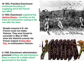 IN 1953, President Eisenhower
continued the policy of
supplying aid to the French
war effort
In 1954, Eisenhower explained the
domino theory- countries on the
brink of communism waiting to fall
one after the other
In 1956, Eisenhower administration
promised military aid and training to
Diem in return for a stable reform
government in the South.
Despite massive U.S. aid,
French could not retake
Vietnam. They were forced to
surrender in May of 1954,
when the Vietminh overran the
French outpost at Dien Bien
Phu, in northwestern Vietnam.
 
