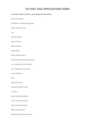 US Visit Visa Application Form Questionnaire | PDF