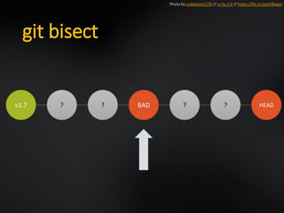 git bisect
v1.7 ? ? BAD ? ? HEAD
Photo by unbekannt270 // cc by 2.0 // https://flic.kr/p/oHReqm
 