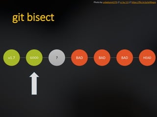git bisect
v1.7 GOOD ? BAD BAD BAD HEAD
Photo by unbekannt270 // cc by 2.0 // https://flic.kr/p/oHReqm
 