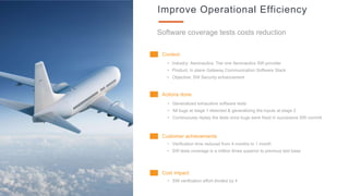 14
Improve Operational Efficiency
Software coverage tests costs reduction
Context
• Industry: Aeronautics, Tier one Aeronautics SW provider
• Product: In plane Gateway Communication Software Stack
• Objective: SW Security enhancement
Actions done
• Generalized exhaustive software tests
• All bugs at stage 1 detected & generalizing the inputs at stage 2
• Continuously replay the tests once bugs were fixed in successive SW commit
Customer achievements
• Verification time reduced from 4 months to 1 month
• SW tests coverage is a million times superior to previous test base
Cost impact
• SW verification effort divided by 4
 
