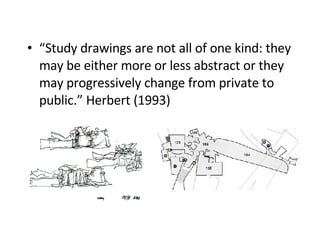 “ Study drawings are not all of one kind: they may be either more or less abstract or they may progressively change from private to public.” Herbert (1993)   