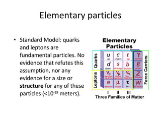 Elementary particles Standard Model :  quarks and leptons are fundamental particles.  N o evidence that refutes this assumption, nor any evidence for a size or  structure  for any of these particles  (< 10 -1 9  meters ). 
