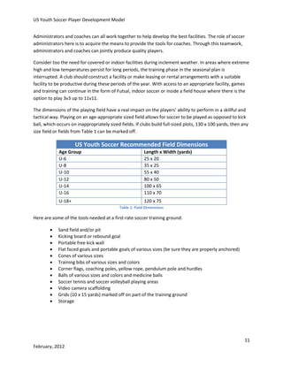 US Youth Soccer Player Development Model
Administrators and coaches can all work together to help develop the best facilities. The role of soccer
administrators here is to acquire the means to provide the tools for coaches. Through this teamwork,
administrators and coaches can jointly produce quality players.
Consider too the need for covered or indoor facilities during inclement weather. In areas where extreme
high and low temperatures persist for long periods, the training phase in the seasonal plan is
interrupted. A club should construct a facility or make leasing or rental arrangements with a suitable
facility to be productive during these periods of the year. With access to an appropriate facility, games
and training can continue in the form of Futsal, indoor soccer or inside a field house where there is the
option to play 3v3 up to 11v11.
The dimensions of the playing field have a real impact on the players’ ability to perform in a skillful and
tactical way. Playing on an age-appropriate sized field allows for soccer to be played as opposed to kick
ball, which occurs on inappropriately sized fields. If clubs build full-sized plots, 130 x 100 yards, then any
size field or fields from Table 1 can be marked off.

US Youth Soccer Recommended Field Dimensions
Age Group
U-6
U-8
U-10
U-12
U-14
U-16
U-18+

Length x Width (yards)
25 x 20
35 x 25
55 x 40
80 x 50
100 x 65
110 x 70
120 x 75
Table 1: Field Dimensions

Here are some of the tools needed at a first-rate soccer training ground:













Sand field and/or pit
Kicking board or rebound goal
Portable free kick wall
Flat faced goals and portable goals of various sizes (be sure they are properly anchored)
Cones of various sizes
Training bibs of various sizes and colors
Corner flags, coaching poles, yellow rope, pendulum pole and hurdles
Balls of various sizes and colors and medicine balls
Soccer tennis and soccer volleyball playing areas
Video camera scaffolding
Grids (10 x 15 yards) marked off on part of the training ground
Storage

11
February, 2012

 