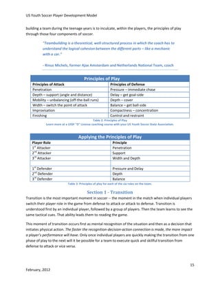 US Youth Soccer Player Development Model
building a team during the teenage years is to inculcate, within the players, the principles of play
through those four components of soccer.
"Teambuilding is a theoretical, well-structured process in which the coach has to
understand the logical cohesion between the different parts – like a mechanic
with a car.”
- Rinus Michels, former Ajax Amsterdam and Netherlands National Team, coach

Principles of Play
Principles of Attack
Penetration
Depth – support (angle and distance)
Mobility – unbalancing (off-the-ball runs)
Width – switch the point of attack
Improvisation
Finishing

Principles of Defense
Pressure – immediate chase
Delay – get goal-side
Depth – cover
Balance – get ball-side
Compactness – concentration
Control and restraint

Table 2: Principles of Play
Learn more at a USSF "D" License coaching course with your US Youth Soccer State Association.

Applying the Principles of Play
Player Role
1st Attacker
2nd Attacker
3rd Attacker

Principle
Penetration
Support
Width and Depth

1st Defender
2nd Defender
3rd Defender

Pressure and Delay
Depth
Balance
Table 3: Principles of play for each of the six roles on the team.

Section 1 - Transition
Transition is the most important moment in soccer -- the moment in the match when individual players
switch their player role in the game from defense to attack or attack to defense. Transition is
understood first by an individual player, followed by a group of players. Then the team learns to see the
same tactical cues. That ability leads them to reading the game.
This moment of transition occurs first as mental recognition of the situation and then as a decision that
initiates physical action. The faster the recognition-decision-action connection is made, the more impact
a player’s performance will have. Only once individual players are quickly making the transition from one
phase of play to the next will it be possible for a team to execute quick and skillful transition from
defense to attack or vice versa.

15
February, 2012

 
