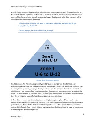 US Youth Soccer Player Development Model
provide for the ongoing education of the administrators, coaches, parents and referees who make up
the four adult pillars supporting youth soccer. A club must also build, maintain and expand its facilities
as one of the elements in the formula of successful player development. All of these elements will be
discussed in detail throughout the Primer.
"You must love the game and want to share with the players a certain way of life,
a way of seeing football."
- Arsène Wenger, Arsenal Football Club, manager

Zone 3
U-18 +

Zone 2
U-14 to U-17

Zone 1
U-6 to U-12
Figure 1: Player Development Pyramid

U.S. Soccer uses this Player Development Pyramid [Figure 1], giving broad direction to soccer
environments while impacting the development of youth players. Zone 1 has a technical emphasis that
is accomplished by focusing on player development versus match outcome. The intent is for coaches,
administrators and parents of the players to spotlight the process of playing the game, rather than the
score. The measurement of success in Zone 1 is the players’ improvement of ball skills, understanding of
the rules of the game, playing fairly and learning general game principles.
In Zone 2 the emphasis is on the club culture and daily training atmosphere. There must be more
training sessions and fewer matches so the players can learn the details of tactics, team formations and
game strategies. As is noted in the Seasonal Planning section and Table 5 (ratio of training sessions to
matches), the focus in Zone 2 needs to be on training sessions. Matches should be fewer in number and
of an appropriate level of competition.
9
February, 2012

 