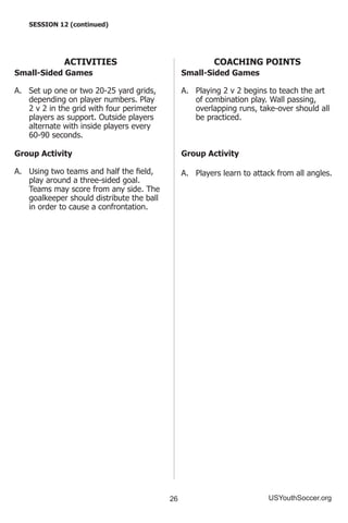 26 USYouthSoccer.org
ACTIVITIES
Small-Sided Games
A.	 Set up one or two 20-25 yard grids,
depending on player numbers. Play
2 v 2 in the grid with four perimeter
players as support. Outside players
alternate with inside players every
60-90 seconds.
Group Activity
A.	 Using two teams and half the field,
play around a three-sided goal.
Teams may score from any side. The
goalkeeper should distribute the ball
in order to cause a confrontation.
SESSION 12 (continued)
COACHING POINTS
Small-Sided Games
A.	 Playing 2 v 2 begins to teach the art
of combination play. Wall passing,
overlapping runs, take-over should all
be practiced.
Group Activity
A.	 Players learn to attack from all angles.
 