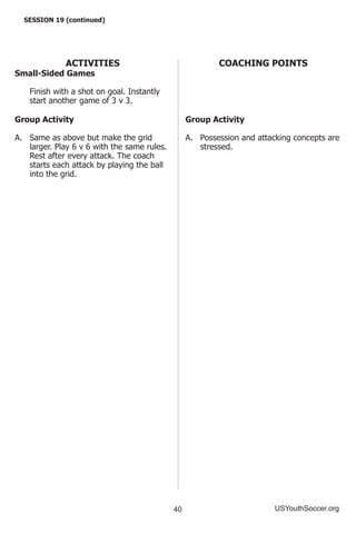 40 USYouthSoccer.org
ACTIVITIES
Small-Sided Games
	 Finish with a shot on goal. Instantly
start another game of 3 v 3.
Group Activity
A.	 Same as above but make the grid
larger. Play 6 v 6 with the same rules.
Rest after every attack. The coach
starts each attack by playing the ball
into the grid.
SESSION 19 (continued)
COACHING POINTS
	
Group Activity
A.	 Possession and attacking concepts are
stressed.
 