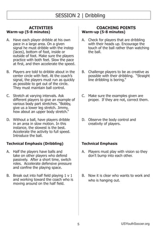 5 USYouthSoccer.org
SESSION 2 | Dribbling
ACTIVITIES
Warm-up (5-8 minutes)
A.	 Have each player dribble at his own
pace in a large area. On a given
signal he must dribble with the instep
(laces), bottom of foot, inside or
outside of foot. Make sure the players
practice with both feet. Slow the pace
at first, and then accelerate the speed.
B.	 Players are told to dribble about in the
center circle with feet. At the coach’s
signal, the players must run as quickly
as possible to get out of the circle.
They must maintain ball control.
C.	 Stretch at varying intervals. Ask
different players to give an example of
various body part stretches. “Bobby,
give us a lower leg stretch. Jimmy,
how about an upper body stretch.”
D.	 Without a ball, have players dribble
in an area in slow motion. In this
instance, the slowest is the best.
Accelerate the activity to full speed.
Introduce the ball.
Technical Emphasis (Dribbling)
A.	 Half the players have balls and
take on other players who defend
passively. After a short time, switch
roles. Accelerate defensive pressure
and confine the playing space.
B.	 Break out into half field playing 1 v 1
and working toward the coach who is
moving around on the half field.
COACHING POINTS
Warm-up (5-8 minutes)
A.	 Check for players that are dribbling
with their heads up. Encourage the
touch of the ball rather than watching
the ball.
B.	 Challenge players to be as creative as
possible with their dribbling. “Straight
line dribbling is boring.”
C.	 Make sure the examples given are
proper. If they are not, correct them.
D.	 Observe the body control and
creativity of players.
Technical Emphasis
A.	 Players must play with vision so they
don’t bump into each other.
B.	 Now it is clear who wants to work and
who is hanging out.
 