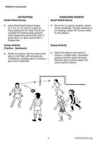 8 USYouthSoccer.org
SESSION 3 (continued)
ACTIVITIES
Small-Sided Games
A.	 Using Small-Sided Games teams
(3 v 3 or 4 v 4),...