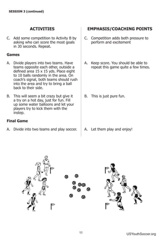 11 USYouthSoccer.org
SESSION 3 (continued)
ACTIVITIES
C.	 Add some competition to Activity B by
asking who can score the most goals
in 30 seconds. Repeat.
Games
A.	 Divide players into two teams. Have
teams opposite each other, outside a
defined area 15 x 15 yds. Place eight
to 10 balls randomly in the area. On
coach’s signal, both teams should rush
into the area and try to bring a ball
back to their side.
B.	 This will seem a bit crazy but give it
a try on a hot day, just for fun. Fill
up some water balloons and let your
players try to kick them with the
instep.
Final Game
A.	 Divide into two teams and play soccer.
EMPHASIS/COACHING POINTS
C.	 Competition adds both pressure to
perform and excitement
A.	 Keep score. You should be able to
repeat this game quite a few times.
B.	 This is just pure fun.
A.	 Let them play and enjoy!
 