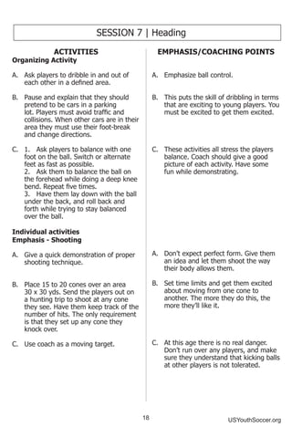 18 USYouthSoccer.org
ACTIVITIES
Organizing Activity
A.	 Ask players to dribble in and out of
each other in a defined area.
B.	 Pause and explain that they should
pretend to be cars in a parking
lot. Players must avoid traffic and
collisions. When other cars are in their
area they must use their foot-break
and change directions.
C.	 1.	 Ask players to balance with one
foot on the ball. Switch or alternate
feet as fast as possible.
	 2.	 Ask them to balance the ball on
the forehead while doing a deep knee
bend. Repeat five times.
	 3.	 Have them lay down with the ball
under the back, and roll back and
forth while trying to stay balanced
over the ball.
Individual activities
Emphasis - Shooting
A.	 Give a quick demonstration of proper
shooting technique.
B.	 Place 15 to 20 cones over an area
30 x 30 yds. Send the players out on
a hunting trip to shoot at any cone
they see. Have them keep track of the
number of hits. The only requirement
is that they set up any cone they
knock over.
C.	 Use coach as a moving target.
SESSION 7 | Heading
EMPHASIS/COACHING POINTS
A.	 Emphasize ball control.
B.	 This puts the skill of dribbling in terms
that are exciting to young players. You
must be excited to get them excited.
C.	 These activities all stress the players
balance. Coach should give a good
picture of each activity. Have some
fun while demonstrating.
A.	 Don’t expect perfect form. Give them
an idea and let them shoot the way
their body allows them.
B.	 Set time limits and get them excited
about moving from one cone to
another. The more they do this, the
more they’ll like it.
C.	 At this age there is no real danger.
Don’t run over any players, and make
sure they understand that kicking balls
at other players is not tolerated.
 