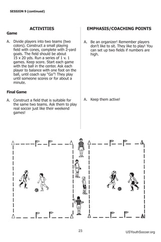 23 USYouthSoccer.org
SESSION 9 (continued)
ACTIVITIES
Game
A.	 Divide players into two teams (two
colors). Construct a small playing
field with cones, complete with 2-yard
goals. The field should be about
15 x 20 yds. Run a series of 1 v. 1
games. Keep score. Start each game
with the ball in the center. Ask each
player to balance with one foot on the
ball, until coach say “Go”! They play
until someone scores or for about a
minute.
Final Game
A.	 Construct a field that is suitable for
the same two teams. Ask them to play
real soccer just like their weekend
games!
EMPHASIS/COACHING POINTS
A.	 Be an organizer! Remember players
don’t like to sit. They like to play! You
can set up two fields if numbers are
high.
A.	 Keep them active!
 