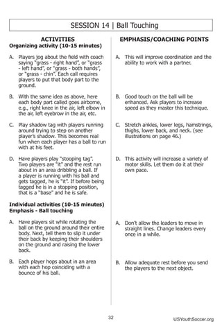 32 USYouthSoccer.org
SESSION 14 | Ball Touching
ACTIVITIES
Organizing activity (10-15 minutes)
A.	 Players jog about the field with coach
saying “grass - right hand”, or “grass
- left hand”, or “grass - both hands”,
or “grass - chin”. Each call requires
players to put that body part to the
ground.
B.	 With the same idea as above, here
each body part called goes airborne,
e.g., right knee in the air, left elbow in
the air, left eyebrow in the air, etc.
C.	 Play shadow tag with players running
around trying to step on another
player’s shadow. This becomes real
fun when each player has a ball to run
with at his feet.
D.	 Have players play “stooping tag”.
Two players are “it” and the rest run
about in an area dribbling a ball. If
a player is running with his ball and
gets tagged, he is “it”. If before being
tagged he is in a stopping position,
that is a “base” and he is safe.
Individual activities (10-15 minutes)
Emphasis - Ball touching
A.	 Have players sit while rotating the
ball on the ground around their entire
body. Next, tell them to slip it under
their back by keeping their shoulders
on the ground and raising the lower
back.
B.	 Each player hops about in an area
with each hop coinciding with a
bounce of his ball.
EMPHASIS/COACHING POINTS
A.	 This will improve coordination and the
ability to work with a partner.
B.	 Good touch on the ball will be
enhanced. Ask players to increase
speed as they master this technique.
C.	 Stretch ankles, lower legs, hamstrings,
thighs, lower back, and neck. (see
illustrations on page 46.)
D.	 This activity will increase a variety of
motor skills. Let them do it at their
own pace.
A.	 Don’t allow the leaders to move in
straight lines. Change leaders every
once in a while.
B.	 Allow adequate rest before you send
the players to the next object.
 