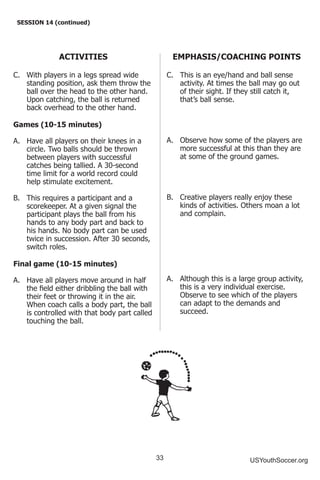 33 USYouthSoccer.org
SESSION 14 (continued)
ACTIVITIES
C.	 With players in a legs spread wide
standing position, ask them throw the
ball over the head to the other hand.
Upon catching, the ball is returned
back overhead to the other hand.
Games (10-15 minutes)
A.	 Have all players on their knees in a
circle. Two balls should be thrown
between players with successful
catches being tallied. A 30-second
time limit for a world record could
help stimulate excitement.
B.	 This requires a participant and a
scorekeeper. At a given signal the
participant plays the ball from his
hands to any body part and back to
his hands. No body part can be used
twice in succession. After 30 seconds,
switch roles.
Final game (10-15 minutes)
A.	 Have all players move around in half
the field either dribbling the ball with
their feet or throwing it in the air.
When coach calls a body part, the ball
is controlled with that body part called
touching the ball.
EMPHASIS/COACHING POINTS
C.	 This is an eye/hand and ball sense
activity. At times the ball may go out
of their sight. If they still catch it,
that’s ball sense.
A.	 Observe how some of the players are
more successful at this than they are
at some of the ground games.
B.	 Creative players really enjoy these
kinds of activities. Others moan a lot
and complain.
A.	 Although this is a large group activity,
this is a very individual exercise.
Observe to see which of the players
can adapt to the demands and
succeed.
 