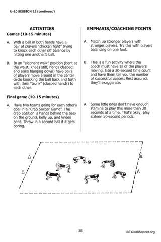 35 USYouthSoccer.org
U-10 SESSION 15 (continued)
ACTIVITIES
Games (10-15 minutes)
A.	 With a ball in both hands have a
pair of players “chicken fight” trying
to knock each other off balance by
hitting one another’s ball.
B.	 In an “elephant walk” position (bent at
the waist, knees stiff, hands clasped,
and arms hanging down) have pairs
of players move around in the center
circle knocking the ball back and forth
with their “trunk” (clasped hands) to
each other.
Final game (10-15 minutes)
A.	 Have two teams going for each other’s
goal in a “Crab Soccer Game”. The
crab position is hands behind the back
on the ground, belly up, and knees
bent. Throw in a second ball if it gets
boring.
EMPHASIS/COACHING POINTS
A.	 Match up stronger players with
stronger players. Try this with players
balancing on one foot.
B.	 This is a fun activity where the
coach must have all of the players
moving. Use a 20-second time count
and have them tell you the number
of successful passes. Rest assured,
they’ll exaggerate.
A.	 Some little ones don’t have enough
stamina to play this more than 30
seconds at a time. That’s okay; play
sixteen 30-second periods.
 