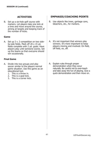 41 USYouthSoccer.org
SESSION 18 (continued)
ACTIVITIES
B.	 Set up a six-hole golf course with
markers. Let players take one kick at
a time and move around the course,
aiming at targets and keeping track of
the number of kicks.
Game
A.	 Set up 2 v. 2 competition on two side-
by-side fields. Mark off 20 x 15 yd.
fields complete with 2 yd. goals. Have
players play until someone scores. Set
up the teams so that everyone should
win occasionally.
Final Game
A.	 Divide into two groups and play
soccer similar to the players normal
game situation. Use this game as an
educational tool.
1.	 This is a throw in.
2.	 This is a goal kick.
3.	 This is a corner kick.
EMPHASIS/COACHING POINTS
B.	 Use objects like trees, garbage cans,
bleachers, etc., for markers.
A.	 It’s not important that winners play
winners. It’s more important to keep
players moving and involved. On field,
off field, on, off.
A.	 Explain rules through proper
demonstration when they occur
naturally. Be careful not to over-teach
and take away the fun of playing. Give a
quick demonstration and then move on.
 