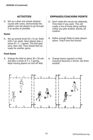 43 USYouthSoccer.org
ACTIVITIES
D.	 Set up a short and simple obstacle
course with cones. Demonstrate the
pattern and ask players to go through
it as quickly as possible.
Game
A.	 Set up several small 20 x 15 yd. fields
with 2 yd. goals. Have players play a
series of 1 v. 1 games. The first goal
wins, then rest. They should then be
ready for another game.
Final Game
A.	 Enlarge the field to about 30 x 20 yds.
and play a series of 3 v. 3 games.
Keep moving players on and off field.
SESSION 19 (continued)
EMPHASIS/COACHING POINTS
D.	 Don’t make the course too elaborate.
Time them if you want. This will
create a line of those doing nothing
unless you plan another activity, be
creative.
A.	 Define enough fields to keep players
active. They’ll love this forever.
A.	 Change teams regularly so that
everyone becomes a winner. Get them
excited!
 