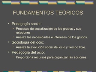 FUNDAMENTOS TEÓRICOS Pedagogía social:  Procesos de socialización de los grupos y sus relaciones. Analiza las necesidades e intereses de los grupos. Sociología del ocio: Analiza la evolución social del ocio y tiempo libre. Pedagogía del ocio: Proporciona recursos para organizar las acciones. 