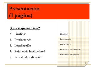 Presentación (1 página) Finalidad Destinatarios Localización Referencia Institucional Período de aplicación ¿Qué se quiere hacer? Finalidad Destinatarios Localización Referencia Institucional Período de aplicación 