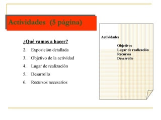 Actividades  (5 página) Actividades Objetivos Lugar de realización Recursos Desarrollo ¿Qué vamos a hacer? Exposición detallada Objetivo de la actividad Lugar de realización Desarrollo Recursos necesarios 