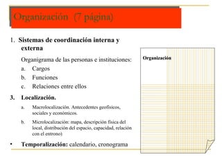 Organización  (7 página) Organización 1.  Sistemas de coordinación interna y externa Organigrama de las personas e instituciones: Cargos Funciones Relaciones entre ellos Localización. Macrolocalización. Antecedentes geofísicos, sociales y económicos. Microlocalización: mapa, descripción física del local, distribución del espacio, capacidad, relación con el entrono) Temporalización:  calendario, cronograma 