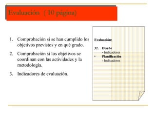 Evaluación  ( 10 página) Evaluación: Diseño -  Indicadores Planificación - Indicadores Comprobación si se han cumplido los objetivos previstos y en qué grado. Comprobación si los objetivos se coordinan con las actividades y la metodología. Indicadores de evaluación. 