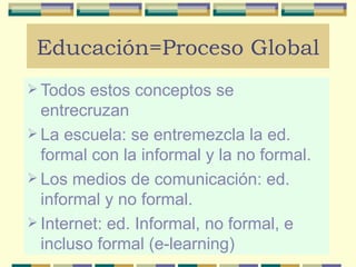 Educación=Proceso Global Todos estos conceptos se entrecruzan La escuela: se entremezcla la ed. formal con la informal y la no formal. Los medios de comunicación: ed.  informal y no formal. Internet: ed. Informal, no formal, e incluso formal (e-learning) 