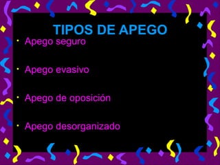 TIPOS DE APEGO Apego seguro Apego evasivo Apego de oposición Apego desorganizado 