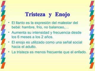 Tristeza y Enojo El llanto es la expresión del malestar del bebé: hambre, frío, no balanceo,… Aumenta su intensidad y frecuencia desde los 6 meses a los 2 años. El enojo es utilizado como una señal social hacia el adulto. La tristeza es menos frecuente que el enfado. 