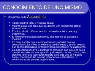 CONOCIMIENTO DE UNO MISMO Desarrollo de la  Autoestima :  Tipos: positiva (alta) y negativa (baja). Valorar lo que uno cree que es, genera una autoestima global jerarquizada. 7º años: el niño diferencia entre: autoestima física, social y académica. El niño tiene una autoestima muy alta pero no se ajusta a la realidad. En edad escolar con las comparaciones sociales con los compañeros, los niños evalúan sus rendimientos y se dan cuenta que tienen dificultades, produciéndose reajustes en su autoestima. La autoestima positiva y ajustada se relaciona con la buena salud mental, suponiendo la aceptación y el respeto por uno mismo, esto significa tener una valoración realista de lo que uno es y puede hacer, conociendo las propias limitaciones y dificultades, y confiando en las propias capacidades. 