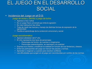 EL JUEGO EN EL DESARROLLO SOCIAL Incidencia del Juego en el D.S: Juego de acoso y derribo o juego de lucha: Aparece a los 3 años Es un juego físico universal que imita la agresión. Es más habitual en los niños. Trata de medir las fuerzas y manejo de distintas formas de expresión de la agresividad. Facilita el aprendizaje de la contención emocional y social. Juego sociodramático: Aparece alrededor del 2º año  El niño representa dos tipos de personajes: Personajes de ficción: de cuentos o imaginarios Personajes estereotipados: se asemejan a la realidad Expresa sus miedos y modifican la realidad en función de sus fantasías y deseos. Entre los participantes del juego se marcan las pautas y normas. Aprenden a negociar y a pactar para resolver conflictos Las dificultades que surgen en el juego son reconducidas por cambio de las normas. 