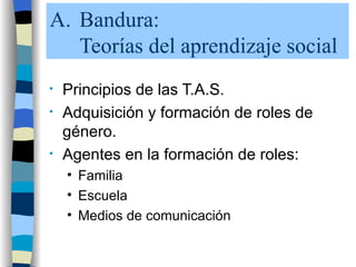 Bandura:  Teorías del aprendizaje social Principios de las T.A.S. Adquisición y formación de roles de género. Agentes en la formación de roles: Familia Escuela Medios de comunicación 