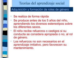 Teorías del aprendizaje social Se realiza de forma rápida Se produce antes de los 5 años del niño, aprendiendo los diversos estereotipos sobre los diferentes sexos. El niño recibe refuerzos o castigos si su conducta se considera apropiada o no, al rol de género. Los refuerzos no son necesarios en el aprendizaje imitativo, pero favorecen su mantenimiento. Adquisición y formación de roles de género 