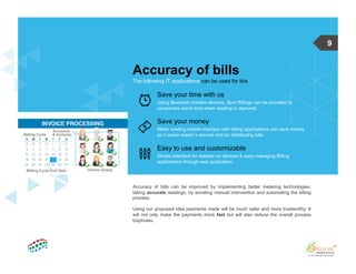 9
Accuracy of bills can be improved by implementing better metering technologies,
taking accurate readings, by avoiding manual intervention and automating the billing
process.
Using our proposed idea payments made will be much safer and more trustworthy. It
will not only make the payments more fast but will also reduce the overall process
loopholes.
The following IT applications can be used for this:
Accuracy of bills
Using Bluetooth printers devices, Spot Billings can be provided to
consumers same time when reading is captured.
Save your time with us
Meter reading mobile interface with billing applications can save money
as it saves reader’s second visit for distributing bills.
Save your money
Simple interface for readers on devices & easy managing Billing
applications through web application.
Easy to use and customizable
 