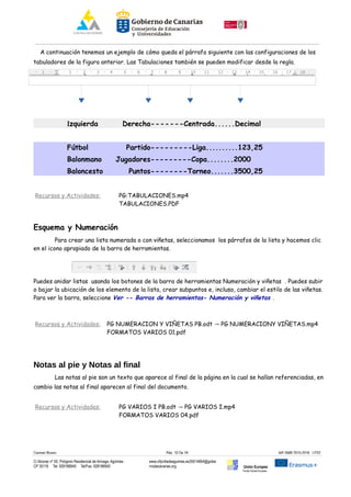A continuación tenemos un ejemplo de cómo queda el párrafo siguiente con las configuraciones de los
tabuladores de la figura anterior. Las Tabulaciones también se pueden modificar desde la regla.
Izquierda Derecha-------Centrada......Decimal
Fútbol Partido---------Liga..........123,25
Balonmano Jugadores---------Copa........2000
Baloncesto Puntos--------Torneo.......3500,25
Recursos y Actividades: PG:TABULACIONES.mp4
TABULACIONES.PDF
Esquema y Numeración
Para crear una lista numerada o con viñetas, seleccionamos los párrafos de la lista y hacemos clic
en el icono apropiado de la barra de herramientas.
Puedes anidar listas usando los botones de la barra de herramientas Numeración y viñetas . Puedes subir
o bajar la ubicación de los elemento de la lista, crear subpuntos e, incluso, cambiar el estilo de las viñetas.
Para ver la barra, seleccione Ver -- Barras de herramientas- Numeración y viñetas .
Recursos y Actividades: PG NUMERACION Y VIÑETAS PB.odt PG NUMERACIONY VIÑETAS.mp4→
FORMATOS VARIOS 01.pdf
Notas al pie y Notas al final
Las notas al pie son un texto que aparece al final de la página en la cual se hallan referenciadas, en
cambio las notas al final aparecen al final del documento.
Recursos y Actividades: PG VARIOS I PB.odt PG VARIOS I.mp4→
FORMATOS VARIOS 04.pdf
Carmen Rivero Päg. 10 De 18 AIF-SMR 2015-2016 UT02
C/ Alcorac nº 50, Polígono Residencial de Arinaga, Agüimes
CP 35118 Tel: 928188949 Tel/Fax: 928188950
www.cifpvilladeaguimes.es35014664@gobie
rnodecanarias.org Unión Europea
Fondo Social Europeo
 