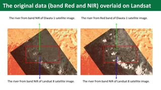 The river from band NIR of Diwata 1 satellite image.
The river from band NIR of Landsat 8 satellite image. The river from band NIR of Landsat 8 satellite image.
The river from Red band of Diwata 1 satellite image.
The original data (band Red and NIR) overlaid on Landsat
 