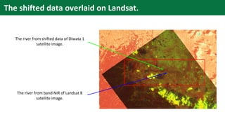 The river from shifted data of Diwata 1
satellite image.
The river from band NIR of Landsat 8
satellite image.
The shifted data overlaid on Landsat.
 