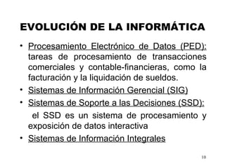 EVOLUCIÓN DE LA INFORMÁTICA <ul><li>Procesamiento Electrónico de Datos (PED):  t areas de procesamiento de transacciones c...