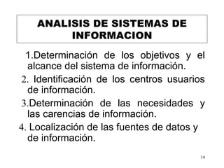 ANALISIS DE SISTEMAS DE INFORMACION 1.Determinación de los objetivos y el alcance del sistema de información.   2.  Identificación de los centros usuarios de información.   3. Determinación de las necesidades y las carencias de información. 4.  Localización de las fuentes de datos y de información.   