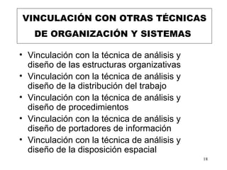 VINCULACIÓN CON OTRAS TÉCNICAS DE ORGANIZACIÓN Y SISTEMAS   Vinculación con la técnica de análisis y diseño de las estructuras organizativas   Vinculación con la técnica de análisis y diseño de la distribución del trabajo   Vinculación con  la técnica de  análisis y diseño de procedimientos   Vinculación con  la técnica de  análisis y diseño de portadores de información   Vinculación con  la técnica de  análisis y diseño de la disposición espacial   