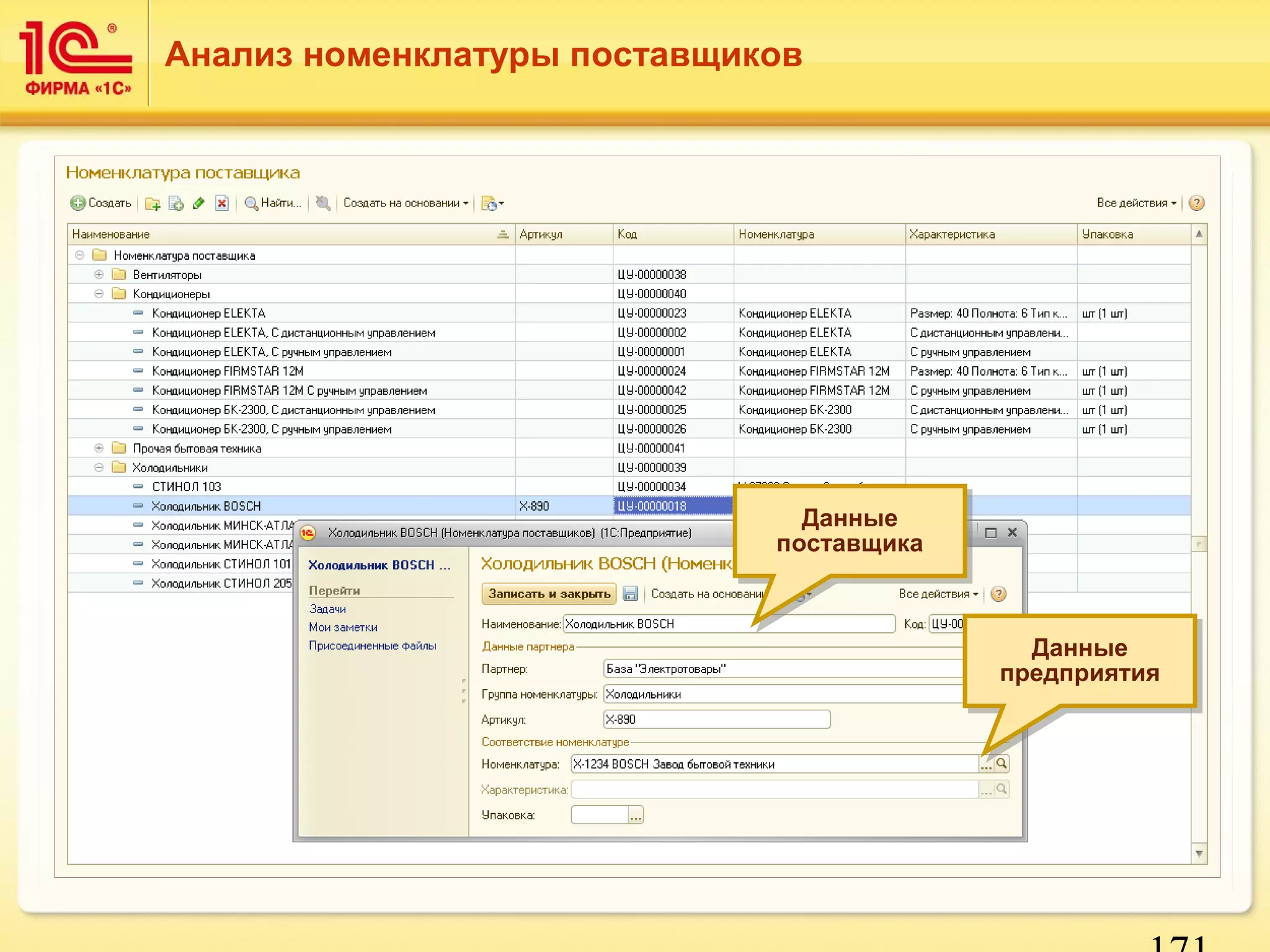 Данные 
предприятия 
171 
Анализ номенклатуры поставщиков 
Данные 
предприятия 
Данные 
поставщика 
Данные 
поставщика 
 